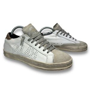 P448 You Can Surf Later John Sneaker White‎ & Gold Perforated Leather Size 38